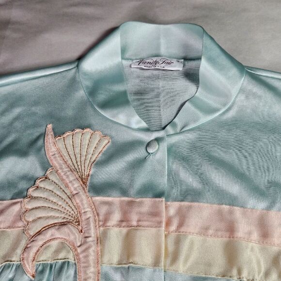Vanity Fair Vintage Pastel Blue Green Fan Flower Button Front Dressing Gown Robe - Picture 3 of 8